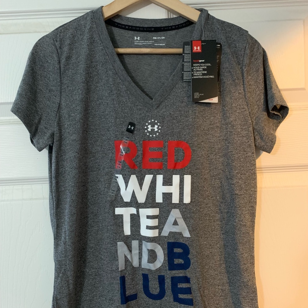 Under Armour Red White Blue performance v-neck shirt small new with tags